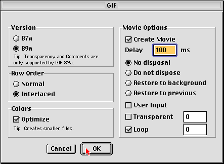 Convert to GIF movie settings